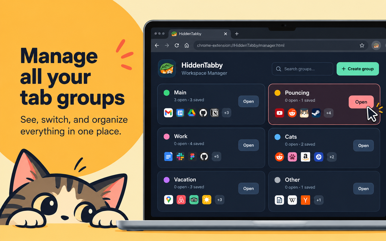 HiddenTabby Workspace Manager showing named tab groups and controls for opening them.